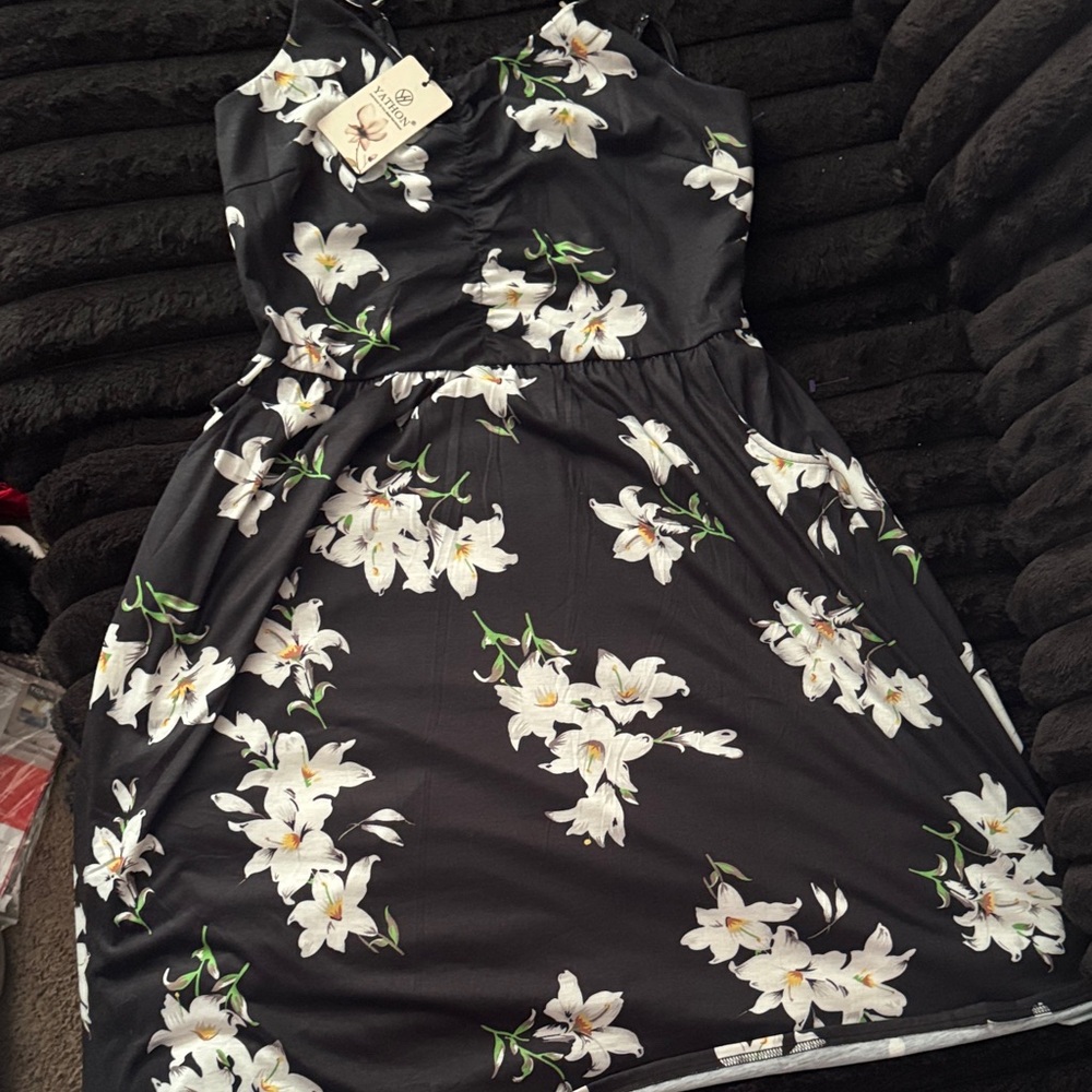 Strapless Black Floral Dress with White Lily Print